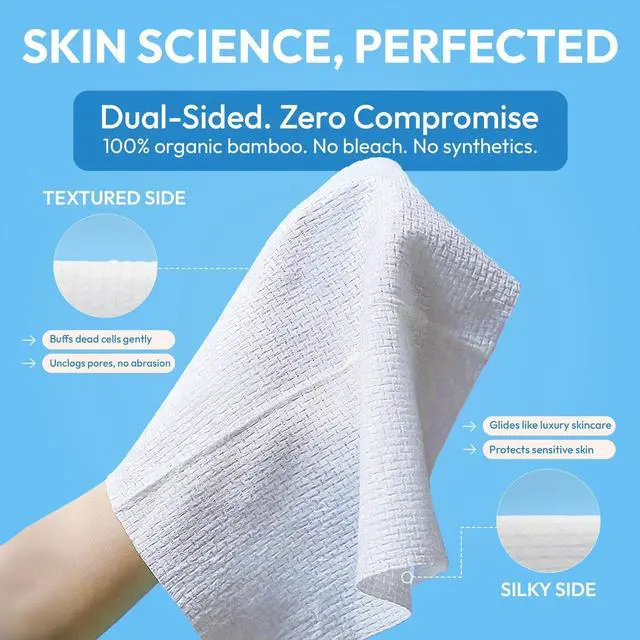 Alt view image 4 of 5 - Cleansing Facial Towel 50 Count - Disposable Face Towelette XL - Biodegradable, Ultra-soft, Plant Based & Tear-Resistant Face Cloths - Towels for Makeup Remover & Reduce Acne for Clearer Skin