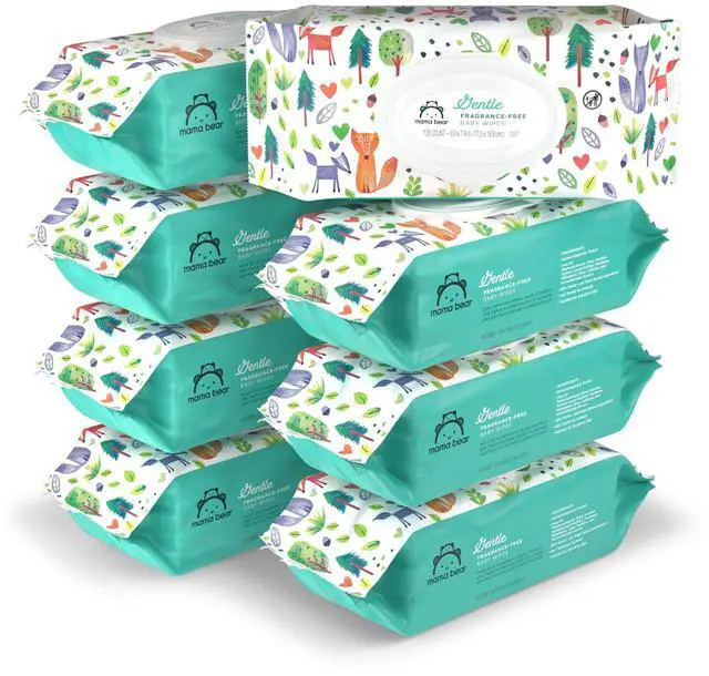 Main image of Amazon Brand - Mama Bear Gentle Formulated without Fragrance Baby Wipes, Hypoallergenic, Sensitive Skin, Unscented, 800 Count (8 Packs of 100)