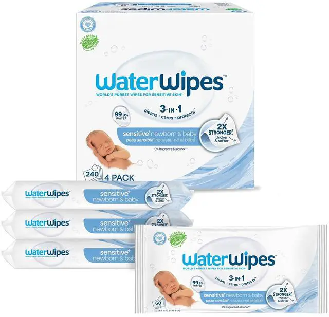 Main image of Sensitive+ Newborn & Baby Wipes, 3-In-1 Cleans, Cares, Protects, 99.9% Water, Unscented & Hypoallergenic, 240 Count (4 Packs)