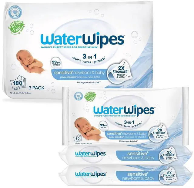 Main image of Sensitive+ Newborn & Baby Wipes, 3-In-1 Cleans, Cares, Protects, 99.9% Water, Unscented & Hypoallergenic, 180 Count (3 Packs)