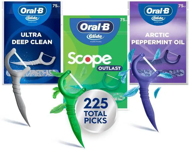 Main image of Glide Dental Floss Picks Variety Pack with Scope Outlast, Arctic Peppermint Oil, & Ultra Deep Clean, Value Pack 225ct (75 Count per Pack, Pack of 3)