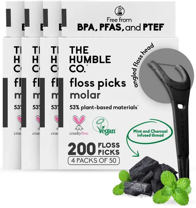 Main image of Molar Floss Picks for Teeth, 200 Count (Charcoal) - Angled Dental Flossers with Extended Reach for Molars & Back Teeth - Plant-Based Floss for Interdental Oral Care, Hygiene & Gum Health