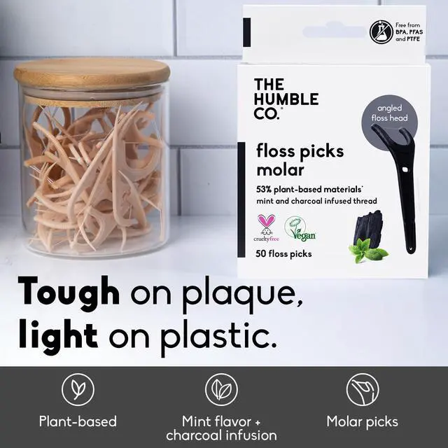 Alt view image 2 of 7 - Molar Floss Picks for Teeth, 200 Count (Charcoal) - Angled Dental Flossers with Extended Reach for Molars & Back Teeth - Plant-Based Floss for Interdental Oral Care, Hygiene & Gum Health