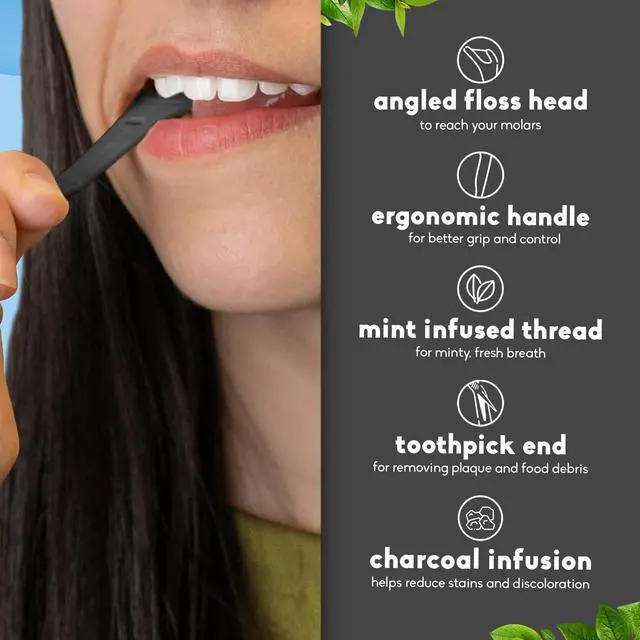 Alt view image 3 of 7 - Molar Floss Picks for Teeth, 200 Count (Charcoal) - Angled Dental Flossers with Extended Reach for Molars & Back Teeth - Plant-Based Floss for Interdental Oral Care, Hygiene & Gum Health