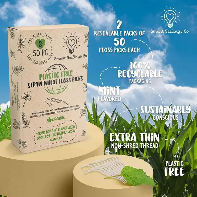 Alt view image 3 of 7 - Biodegradable Dental Floss Picks 100 Count 2 Packs | Eco-Friendly Bamboo Like Straw Wheat Sustainable Mint Flavored Flossers for Kids and Adult Teeth Cleaning for the Enviromentally Conscious