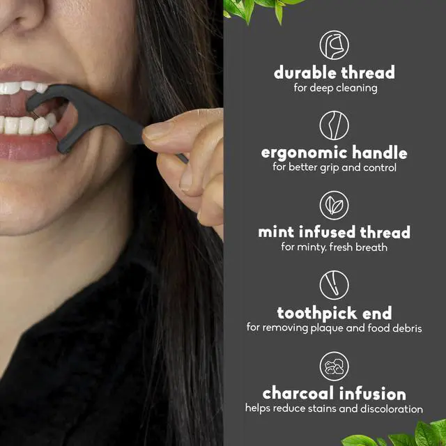 Alt view image 3 of 7 - Dental Floss Picks for Teeth, 200 Count (Charcoal) - Single Thread Tooth Picks Flossers for Adults Gum Health - Plant-Based Toothpick Floss for Interdental Oral Care & Hygiene