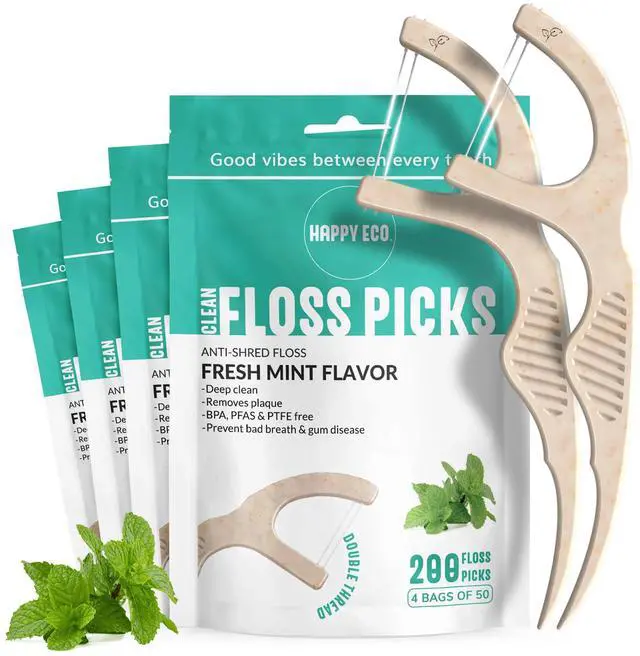 Main image of Dental Floss Picks for Teeth (200ct) - Double Thread Tooth Picks Flossers for Adults, Toothpicks Floss, Vegan Corn-Straw Handle, Shred-Resistant String for Interdental Oral Care & Gum Health, Mint
