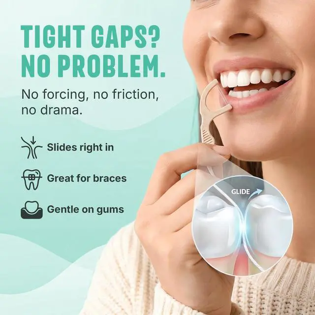Alt view image 4 of 7 - Dental Floss Picks for Teeth (200ct) - Double Thread Tooth Picks Flossers for Adults, Toothpicks Floss, Vegan Corn-Straw Handle, Shred-Resistant String for Interdental Oral Care & Gum Health, Mint