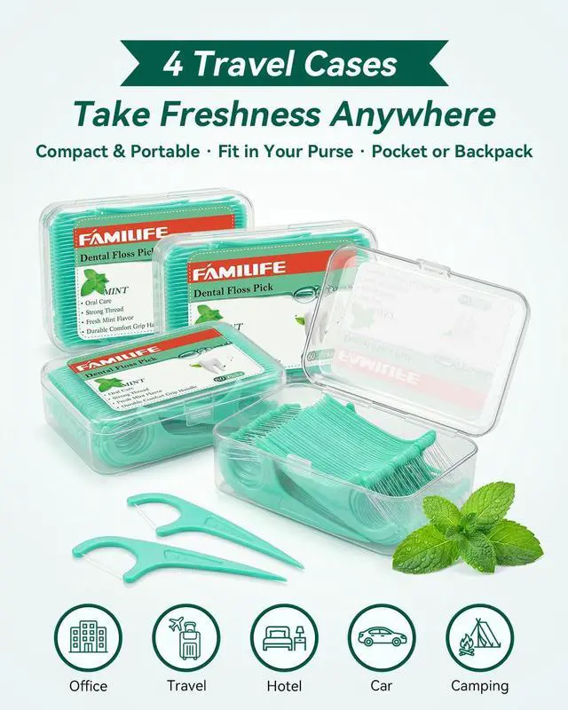 Alt view image 4 of 7 - Floss Picks, 240 Count Mint Dental Floss Cleaner, Tooth Picks Flossers with 4 Travel Handy Cases, Helps to Fight Tooth Decay and Keep Your Teeth Clean, Flossing Sticks for Family