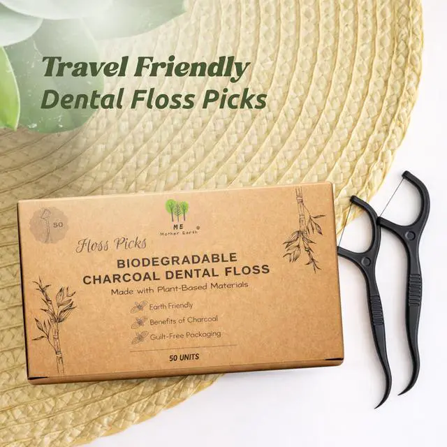Alt view image 3 of 7 - Vegan Biodegradable Dental Floss Picks (200 Count) - Natural | Sustainable | Eco-Friendly | Charcoal Dental Flossers for a Zero Waste Oral Care (3 Inch)