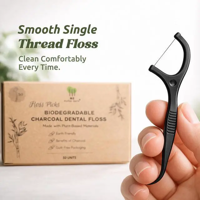 Alt view image 7 of 7 - Vegan Biodegradable Dental Floss Picks (200 Count) - Natural | Sustainable | Eco-Friendly | Charcoal Dental Flossers for a Zero Waste Oral Care (3 Inch)