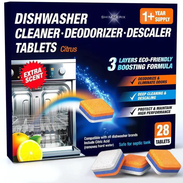 Main image of Dishwasher Cleaner Deodorizer Descaler Tablets - 28 Tabs - 1 Plus Year Supply - Extra Scented Deep Cleaning Sanitizer Pods - Remove Hard Water - Contain Citric Acid Heavy Duty Septic Safe - Citrus