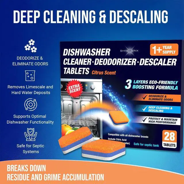 Alt view image 3 of 7 - Dishwasher Cleaner Deodorizer Descaler Tablets - 28 Tabs - 1 Plus Year Supply - Extra Scented Deep Cleaning Sanitizer Pods - Remove Hard Water - Contain Citric Acid Heavy Duty Septic Safe - Citrus