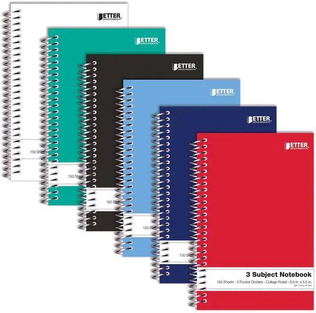 Main image of 3 Subject Spiral Notebooks, 9.5 x 5.5 inch, 6 Pack, 150 Sheet Notebook with 2 Double-Sided Pocket Dividers, Assorted Solid Color Covers (College Ruled)
