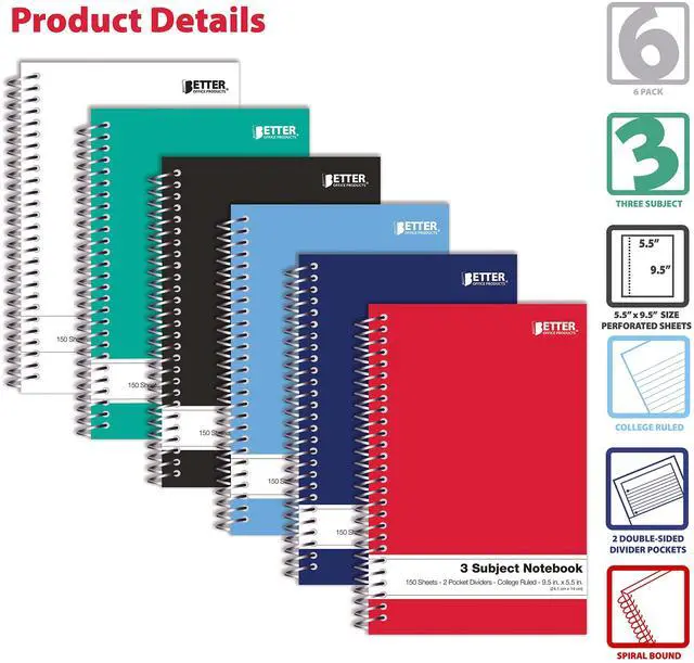 Alt view image 3 of 5 - 3 Subject Spiral Notebooks, 9.5 x 5.5 inch, 6 Pack, 150 Sheet Notebook with 2 Double-Sided Pocket Dividers, Assorted Solid Color Covers (College Ruled)