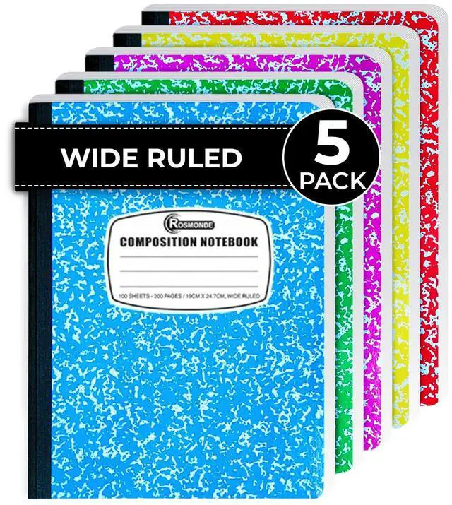 Main image of 5 Pack Composition Notebook Wide Ruled, 200 Pages (100 Sheets), 9-3/4x7-1/2, Notebooks for Work, Back to School Supplies, Hard Cover Composition Books, Notebooks for Women, Colors May Repeat