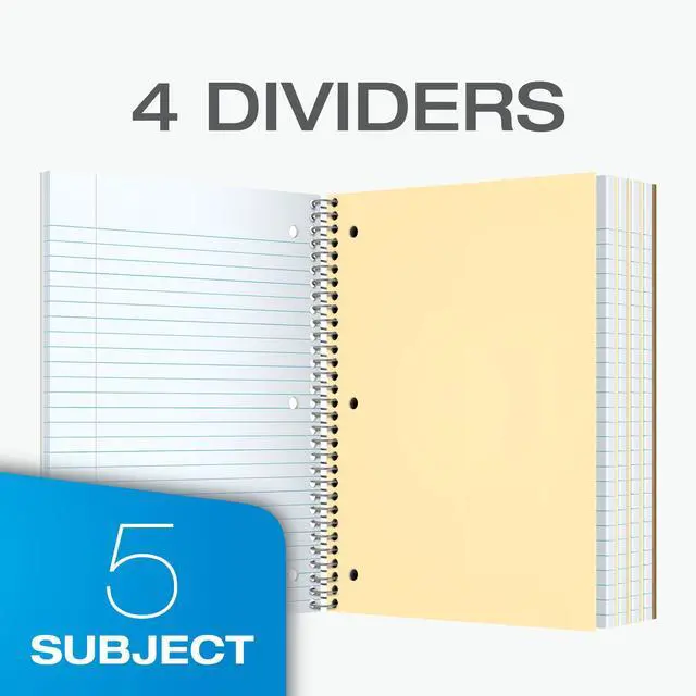 Alt view image 2 of 7 - Spiral Notebooks, 3 Pack, 5 Subject, College Ruled Notebooks for School, 8 x 10.5 Inches, 180 Sheets, 4 Dividers, Assorted Colors, Back to School Supplies (65203)