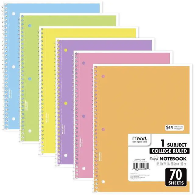 Main image of Spiral Notebook, 6 Pack, 1 Subject, College Ruled Paper, 7-1/2" x 10-1/2", 70 Sheets per Notebook, Assorted Pastel Colors (830049)