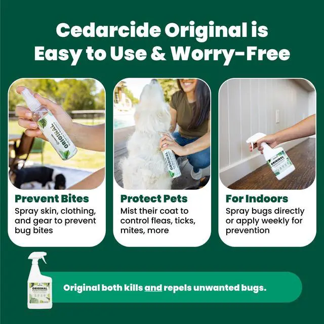 Alt view image 4 of 7 - Original Bug Spray | Repel & Kill Fleas, Ticks, Mosquitoes, Mites, Ants & Chiggers | for use on People, Pets & Home | Natural Cedar Oil | Eco-Friendly | 4 Oz