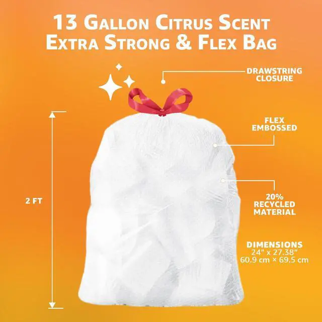 Alt view image 2 of 5 - Extra Strong & Flex Tall Kitchen Drawstring Trash Bags, Citrus Scent, 13 Gallon, 40 Count