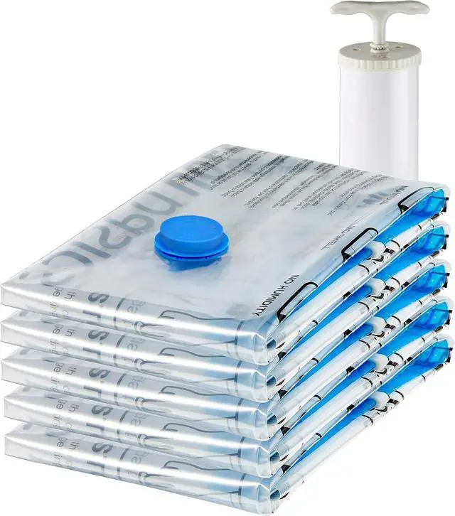 Main image of Vacuum Storage Bags for Clothes, Compression Zipper with Hand Pump, Medium, White, Sky Blue, 5-Pack