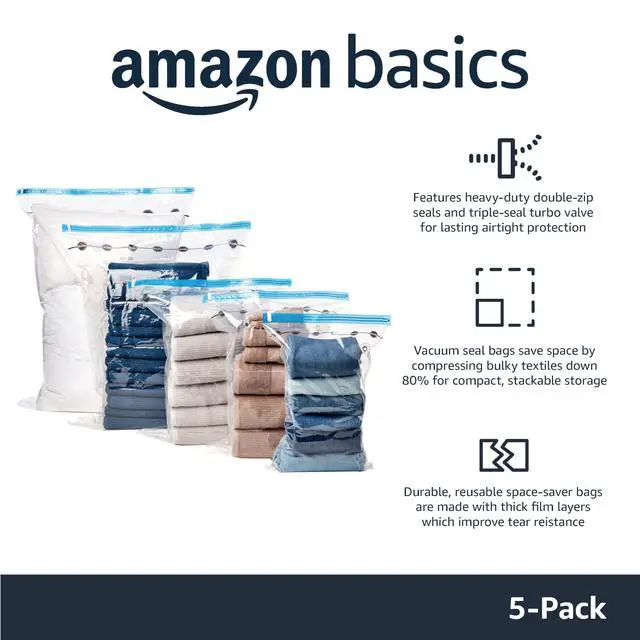 Alt view image 5 of 6 - Vacuum Storage Bags for Clothes, Compression Zipper with Hand Pump, Medium, White, Sky Blue, 5-Pack