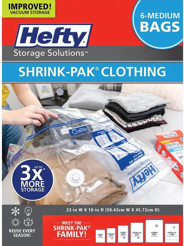 Main image of Hefty Vacuum Storage Bags - Space Saver for Under Bed Storage, Clothing and Comforters, 3X More Storage Space, 6 Medium Zipper Bags