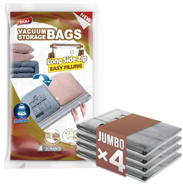 Main image of 4 Pack Jumbo Vacuum Storage Bags, 39x28 inch, LONG SIDE ZIP Vacuum Seal Bags for Clothing, Space Saver for Beddings, Comforters, Blankets, Pillows
