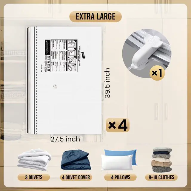 Alt view image 3 of 7 - 4 Pack Jumbo Vacuum Storage Bags, 39x28 inch, LONG SIDE ZIP Vacuum Seal Bags for Clothing, Space Saver for Beddings, Comforters, Blankets, Pillows