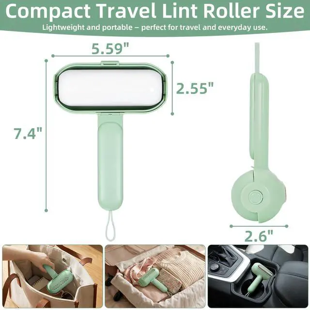 Alt view image 3 of 7 - Reusable Lint Roller for Pet Hair Extra Sticky, Washable Silicone Lint Roller Reusable for Clothes, Mini Travel Size Portable Sticky Lint Roller with Handle & Hanging Loop, Green 1 Pack