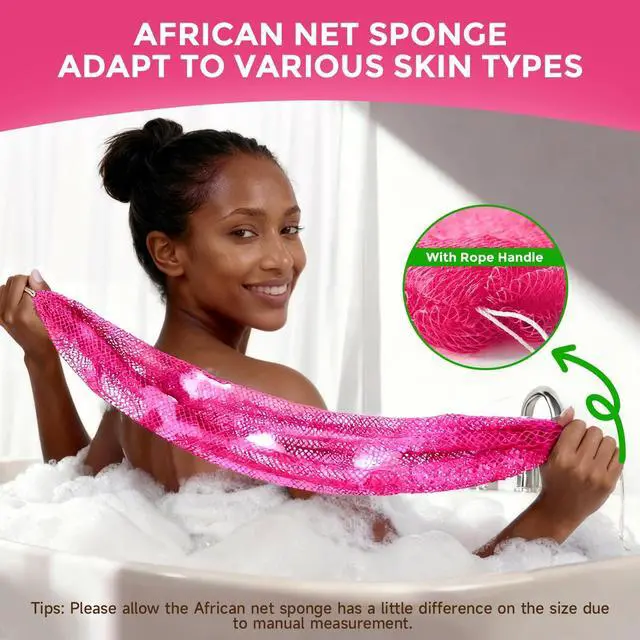 Alt view image 3 of 6 - 2 Pieces African Net Sponge Authentic, Durable Back Scrubber Washcloth for Shower, Exfoliating Net Sponge for All Skin, Bathing Accessories for Women (Pink and Green)