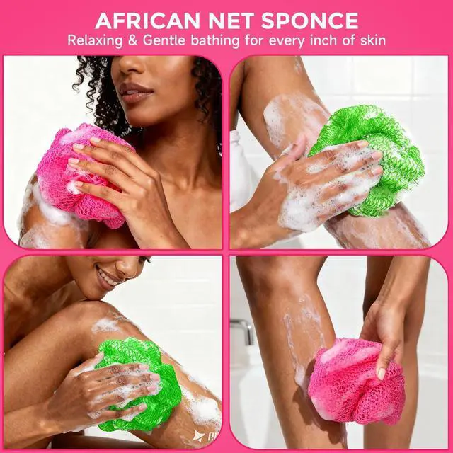 Alt view image 4 of 6 - 2 Pieces African Net Sponge Authentic, Durable Back Scrubber Washcloth for Shower, Exfoliating Net Sponge for All Skin, Bathing Accessories for Women (Pink and Green)