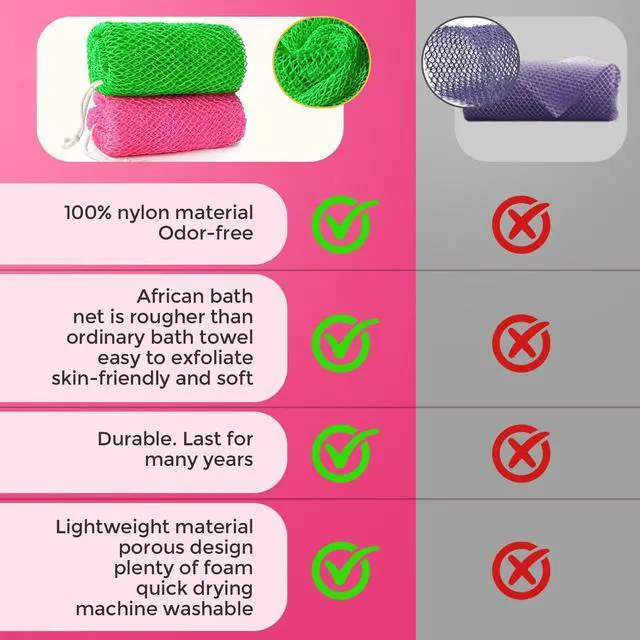 Alt view image 6 of 6 - 2 Pieces African Net Sponge Authentic, Durable Back Scrubber Washcloth for Shower, Exfoliating Net Sponge for All Skin, Bathing Accessories for Women (Pink and Green)