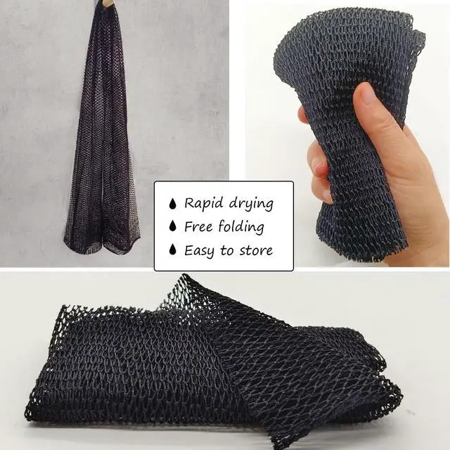 Alt view image 6 of 7 - African Net Sponge - Authentic Exfoliating Bath Wash Cloth, Black Owned, Long Body Scrubber, Shower & Bath Accessories for Dead Skin Removal (Black)
