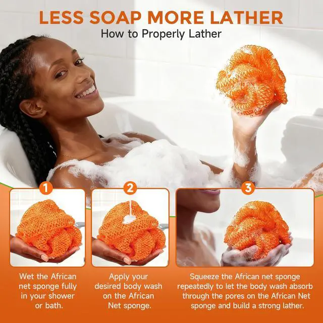 Alt view image 3 of 7 - 2 Pieces African Net Sponge Authentic, Durable Back Scrubber Washcloth for Shower, Exfoliating Net Sponge for All Skin, Bathing Accessories for Women (Orange and Green)