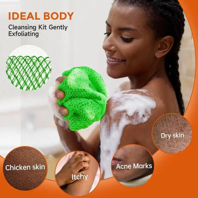 Alt view image 2 of 7 - 2 Pieces African Net Sponge Authentic, Durable Back Scrubber Washcloth for Shower, Exfoliating Net Sponge for All Skin, Bathing Accessories for Women (Orange and Green)