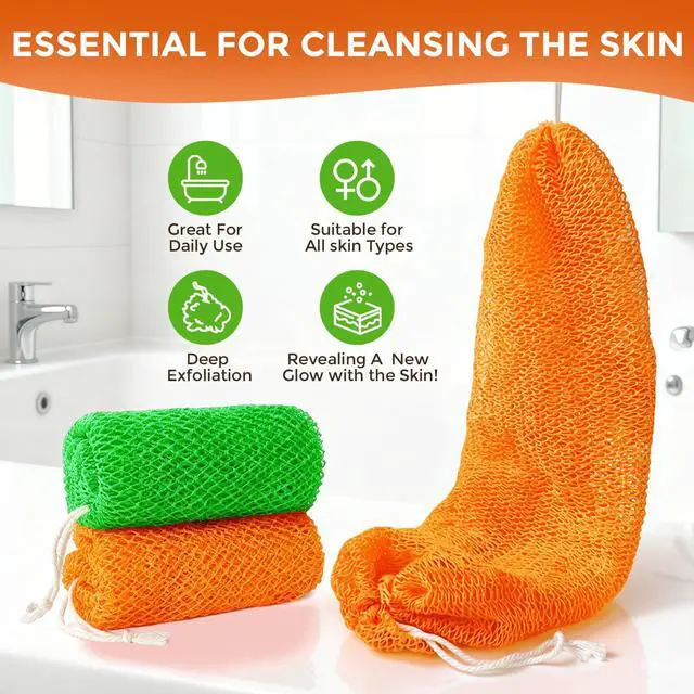 Alt view image 5 of 7 - 2 Pieces African Net Sponge Authentic, Durable Back Scrubber Washcloth for Shower, Exfoliating Net Sponge for All Skin, Bathing Accessories for Women (Orange and Green)