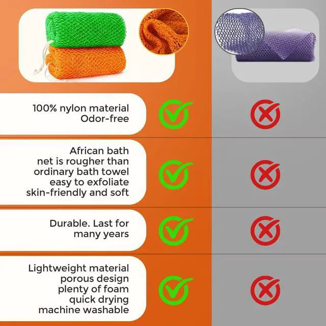 Alt view image 7 of 7 - 2 Pieces African Net Sponge Authentic, Durable Back Scrubber Washcloth for Shower, Exfoliating Net Sponge for All Skin, Bathing Accessories for Women (Orange and Green)