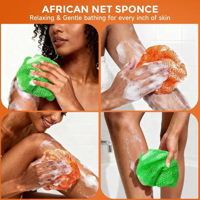 Alt view image 6 of 7 - 2 Pieces African Net Sponge Authentic, Durable Back Scrubber Washcloth for Shower, Exfoliating Net Sponge for All Skin, Bathing Accessories for Women (Orange and Green)