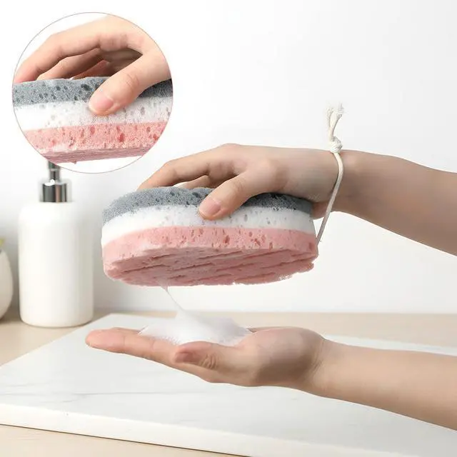Alt view image 6 of 7 - 2 Pack Bath Sponges for Shower, Dual-Texture Exfoliating Loofah Sponge, Gray and Green Body Sponge for Women Men, Shower Sponges for Gentle and Deep Cleansing Foam