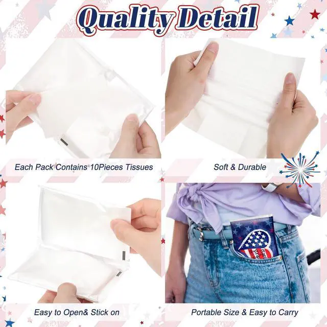 Alt view image 2 of 7 - 10 Pack 4th of July Tissues Bulk Independence Day Patriotic Party Favor, 250th Anniversary Travel Size 3 Ply Small American Flag Patriotic Facial Pocket Tissues Individual, 80 Sheets Total
