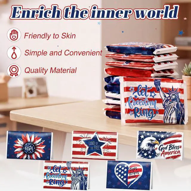 Alt view image 3 of 7 - 10 Pack 4th of July Tissues Bulk Independence Day Patriotic Party Favor, 250th Anniversary Travel Size 3 Ply Small American Flag Patriotic Facial Pocket Tissues Individual, 80 Sheets Total