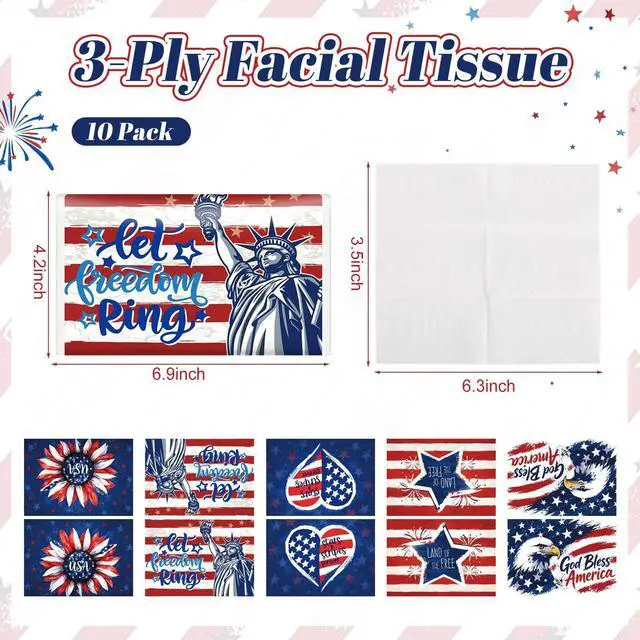 Alt view image 7 of 7 - 10 Pack 4th of July Tissues Bulk Independence Day Patriotic Party Favor, 250th Anniversary Travel Size 3 Ply Small American Flag Patriotic Facial Pocket Tissues Individual, 80 Sheets Total