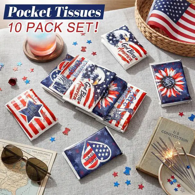 Alt view image 6 of 7 - 10 Pack 4th of July Tissues Bulk Independence Day Patriotic Party Favor, 250th Anniversary Travel Size 3 Ply Small American Flag Patriotic Facial Pocket Tissues Individual, 80 Sheets Total