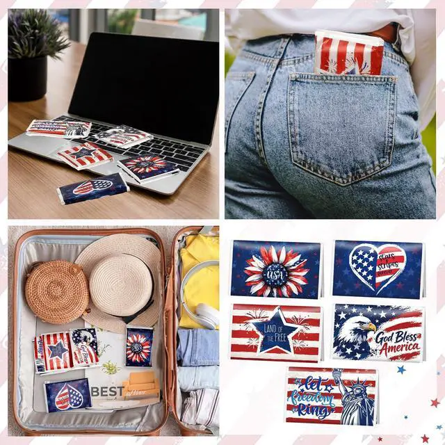 Alt view image 5 of 7 - 10 Pack 4th of July Tissues Bulk Independence Day Patriotic Party Favor, 250th Anniversary Travel Size 3 Ply Small American Flag Patriotic Facial Pocket Tissues Individual, 80 Sheets Total