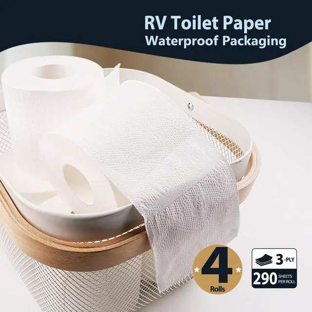 Alt view image 2 of 7 - RV Camping Toilet Paper - 4 Rolls Rapid-Dissolve Marine & Trailer Septic Safe Tissue - Biodegradable 3-Ply 290 Sheets Bath Tissue for Marine, Travel, and Camper Systems