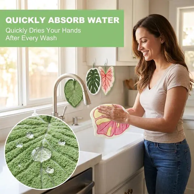 Alt view image 2 of 7 - 4 Pack Hanging Leaf Hand Towels, Soft Absorbent Coral Fleece Kitchen Towels, Cute Hand Towels for Bathroom and Kitchen Decor, Quick Drying Hanging Washcloths