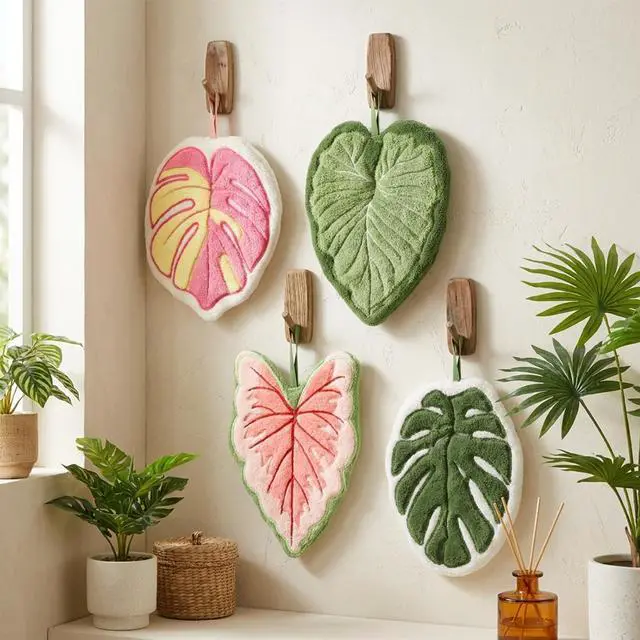 Main image of 4 Pack Hanging Leaf Hand Towels, Soft Absorbent Coral Fleece Kitchen Towels, Cute Hand Towels for Bathroom and Kitchen Decor, Quick Drying Hanging Washcloths