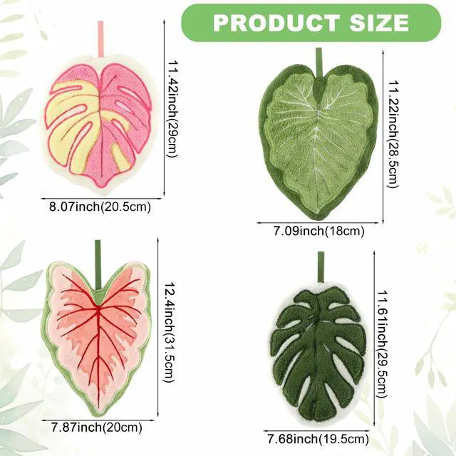 Alt view image 3 of 7 - 4 Pack Hanging Leaf Hand Towels, Soft Absorbent Coral Fleece Kitchen Towels, Cute Hand Towels for Bathroom and Kitchen Decor, Quick Drying Hanging Washcloths