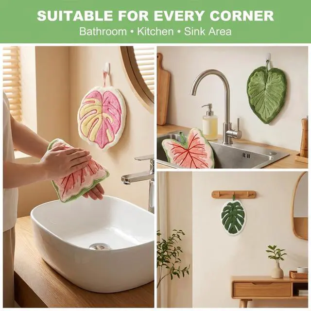 Alt view image 4 of 7 - 4 Pack Hanging Leaf Hand Towels, Soft Absorbent Coral Fleece Kitchen Towels, Cute Hand Towels for Bathroom and Kitchen Decor, Quick Drying Hanging Washcloths